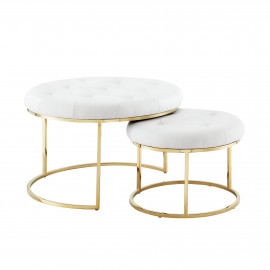 White Faux Leather Round Tufted 2 pc Gold Base Coffee Table Ottoman